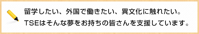 留学したい、外国で働きたい、異文化に触れたい。TSEはそんな夢をお持ちの皆さんを支援しています。